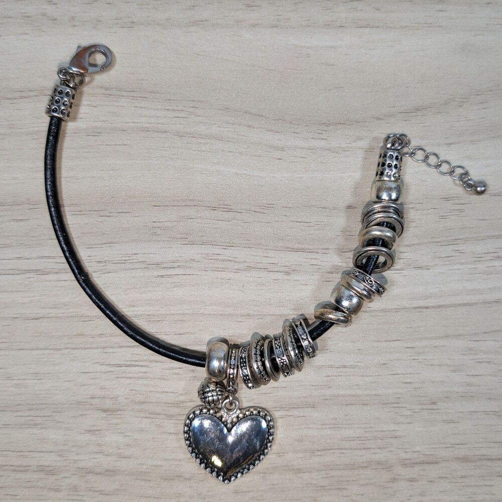 Black Leather Charm Bracelet Silver Beads Heart Charm Adjustable